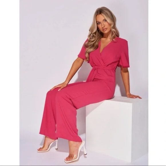 Pink Short Sleeve V-Neck Loose Fit Wide Leg Jumpsuit Playsuit - Picture 4 of 13